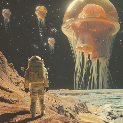 Astronaut discovering extraterrestrial jellyfish-like creatures on a distant planet
