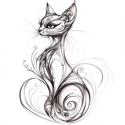 Drawing of elegant cat tattoo design, fine-line style