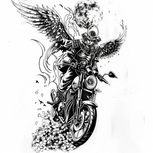 Archangel Michael on samurai-themed motorcycle