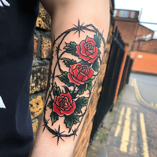 Traditional tattoo sleeve of roses intertwined with barbed wire in the style of Steve McNiven
