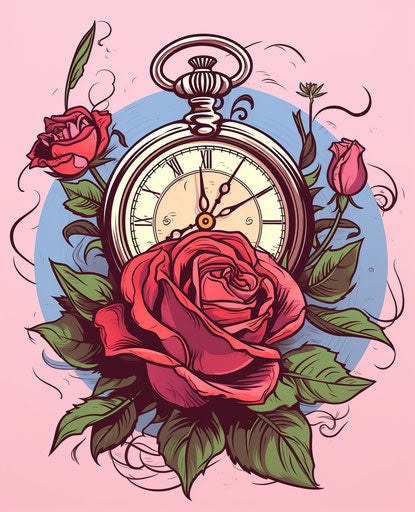 Pocket watch and rose in cartoon style, colorful and lively