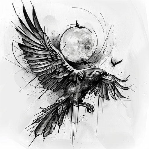 Sketch of a mystical raven tattoo with a full moon, dark tones and bold lines