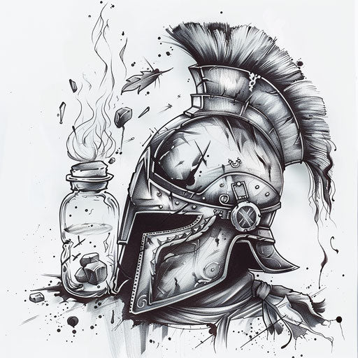 Sketch of magical spartan helmet tattoo with spellbinding spells and enchanting potions