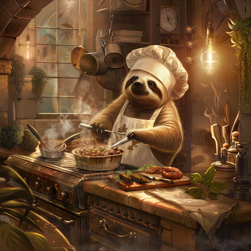 A sloth master chef cooking exotic dishes