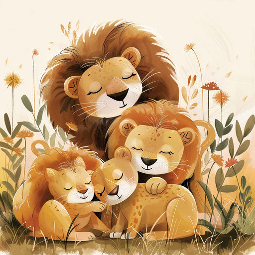 Cuddling lion family
