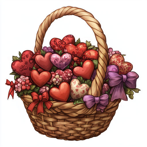 Basket full of Valentine's Day hearts, flowers, and bows