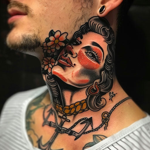 Neck tattoo for men with classic pin-up girls and anchors, in the style of Sailor Jerry