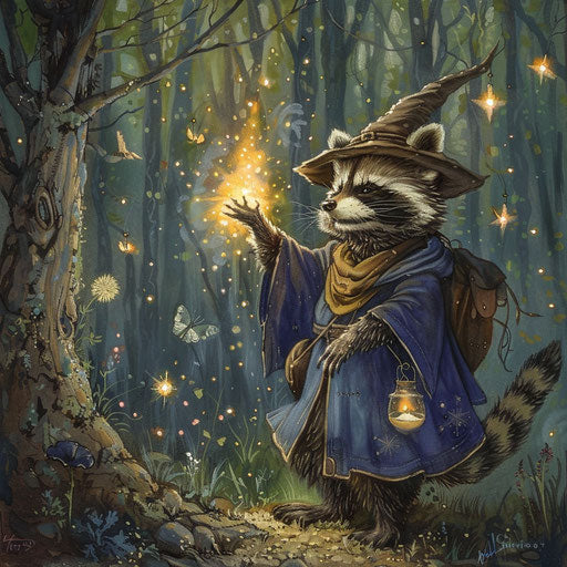 Whimsical raccoon wizard in an enchanted forest