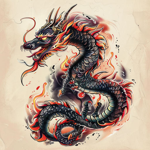 Flat tattoo sketch of black dragon with fiery scales