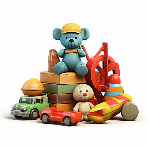 Toys in the style of Chiaroscuro Art on white background