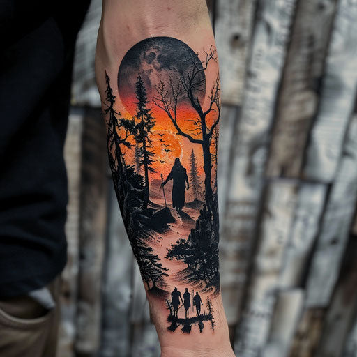 Men's forearm tattoo Middle-earth scene Peter Jackson style