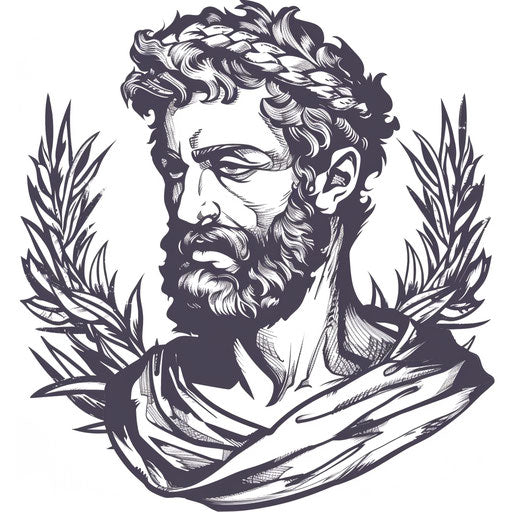 Flat tattoo sketch clipart of Marcus Aurelius in stoic pose with laurel wreath
