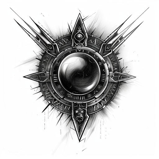 Flat tattoo sketch of a black pearl in the center of an ancient rune circle