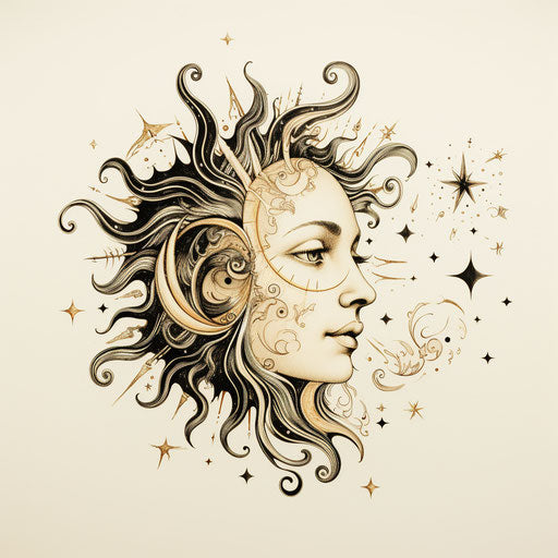 Handmade drawing on the face of the moon with rays and flare
