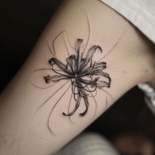 Realistic black and grey spider lily tattoo, shaded detail