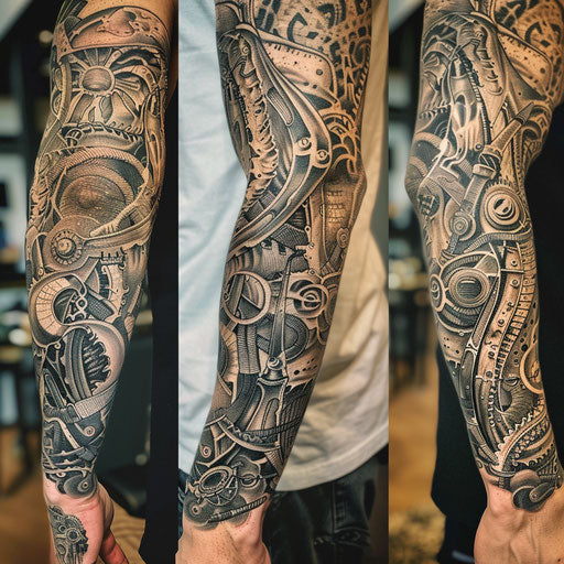 Sleeve tattoo with intricate biomechanical designs