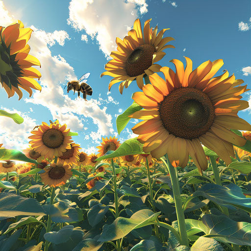 Natural interaction between a bee and sunflowers on a sunny day