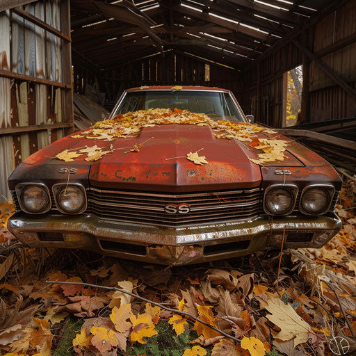 Rusted 1969 Chevrolet Chevelle SS, surrounded by autumn leaves in a forgotten rural barn