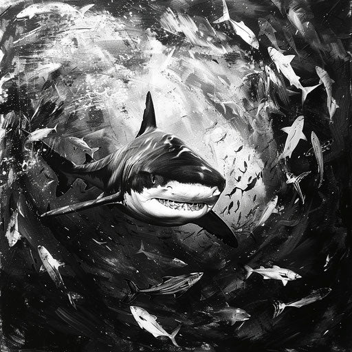 Tiger shark with a school of fish in the background