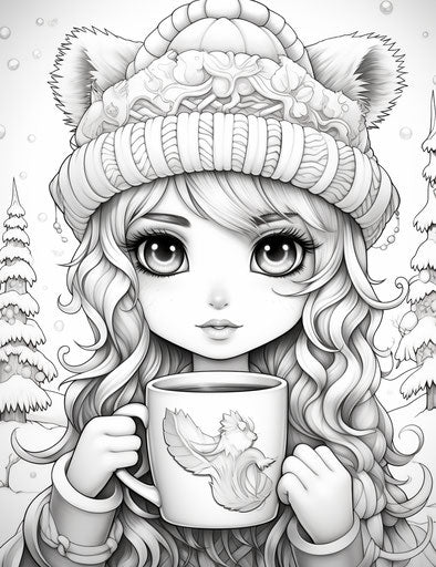 Coloring of cute mug, smilecore style, snow scenes