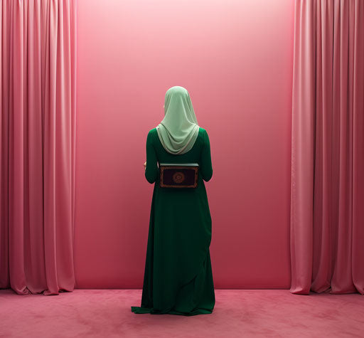 Islamic Koran, person, snapshot aesthetic, feminine luxury, dark pink and dark green