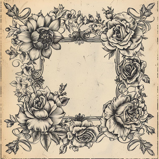 Flat tattoo sketch of a wedding invitation bordered by vintage floral designs