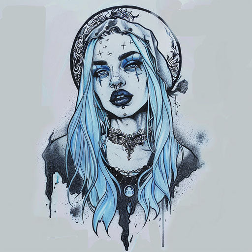 Mystical flat tattoo sketch with Grimes and mystical orb, eerie blues and silvers, clipart style