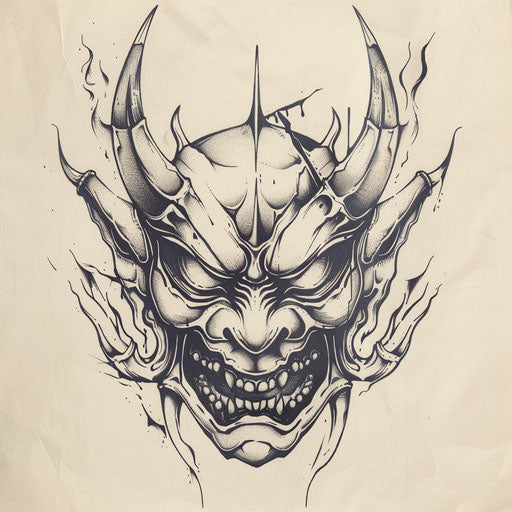 Bold flat tattoo sketch of a Hannya mask with dramatic, sharp horns and intense eyes