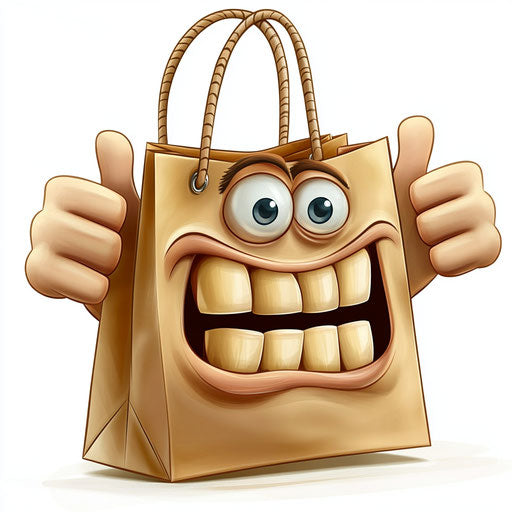 Humorous caricature of a shopping bag with exaggerated human characteristics