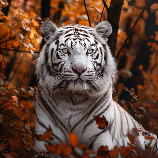Contrasting beauty of a white tiger in vibrant autumn colors of temperate forest.