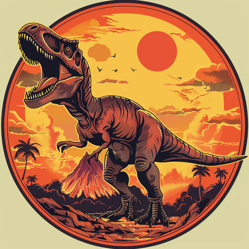 Adventureous flat tattoo sketch of a T rex on a volcanic landscape, fiery reds and oranges, clipart style