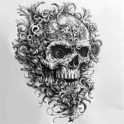 Detailed skull tattoo with gothic and tribal elements