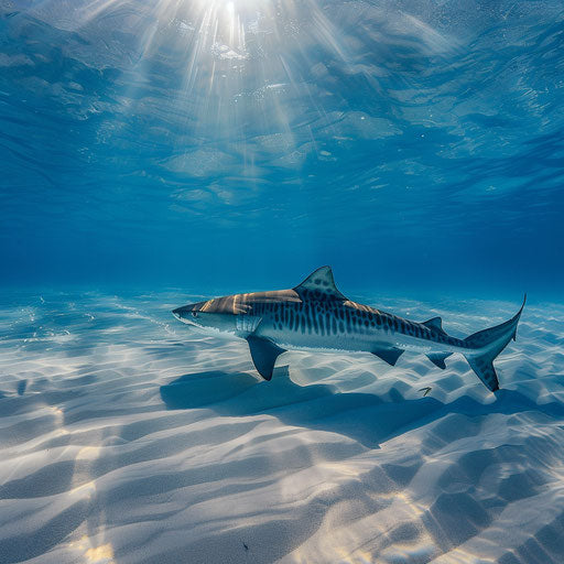 Majestic presence of a tiger shark on the sandy ocean floor