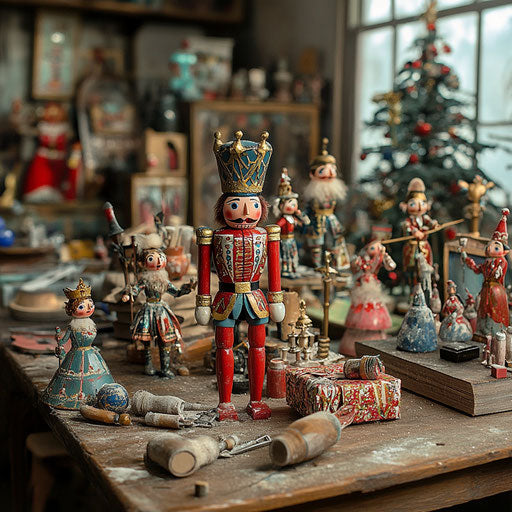 Whimsical Nutcracker workshop with elves repairing and painting old holiday figures