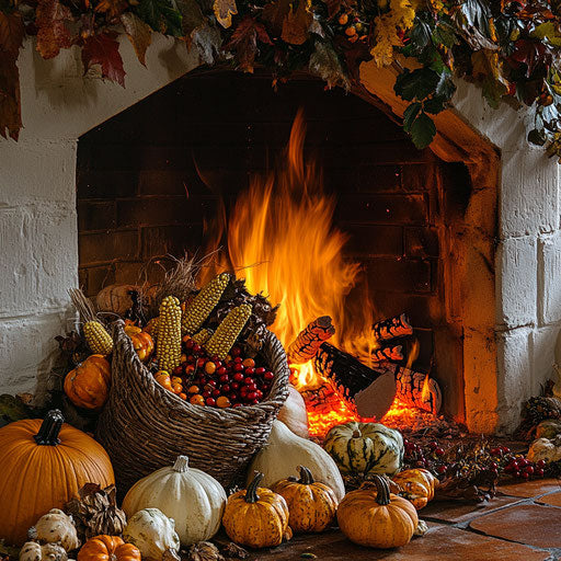 Abundance of autumn harvest near a roaring fire
