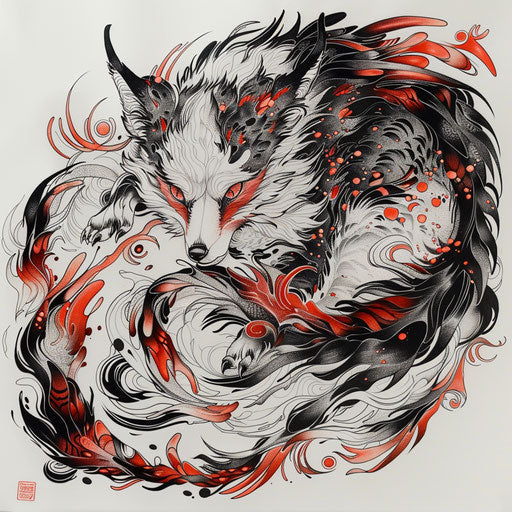 Intricate flat tattoo sketch of a modern Japanese kitsune