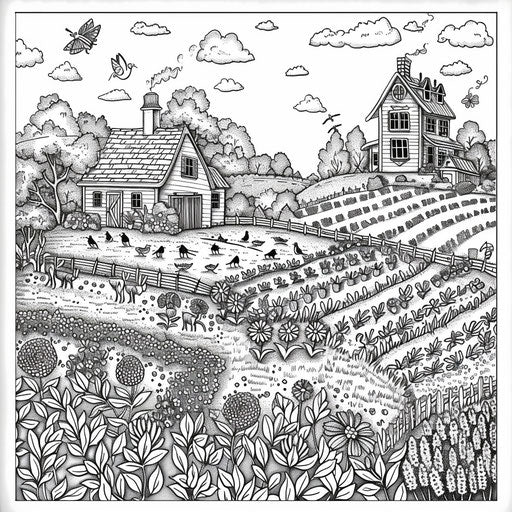 Intricate floral farm with hidden animals, Johanna Basford style, coloring page
