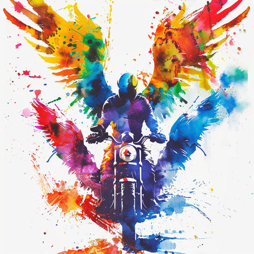 Watercolor tattoo of Archangel Michael with colorful abstract motorcycle