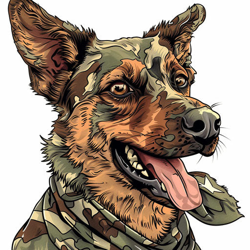 Dynamic tattoo illustration of a military dog with bandana, bold cartoon style on white