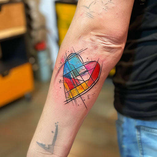 Sketch of a vibrant colorful abstract geometric heart tattoo for a women's wrist coverup tattoo