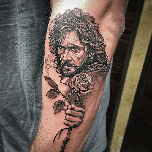 Rose tattoos for men in the style of Peter Jackson with a hobbit holding a rose