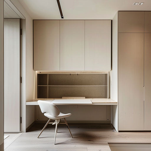 Minimalist home office with hidden storage compartments and foldaway desk