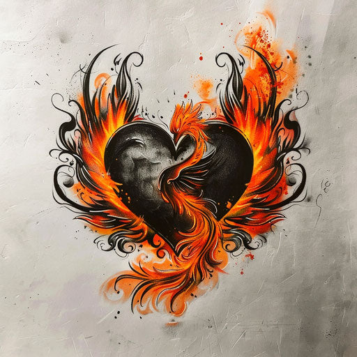 Black heart encircled by fiery phoenix in vibrant orange hues