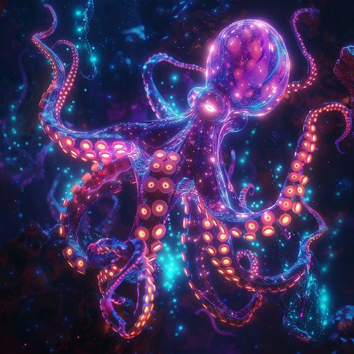 Neon-lit octopus in bioluminescent underwater landscape