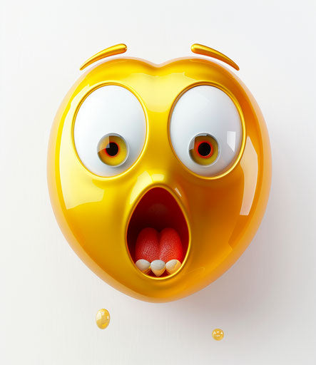 Yellow heart surprise on white, wide-eyed expression