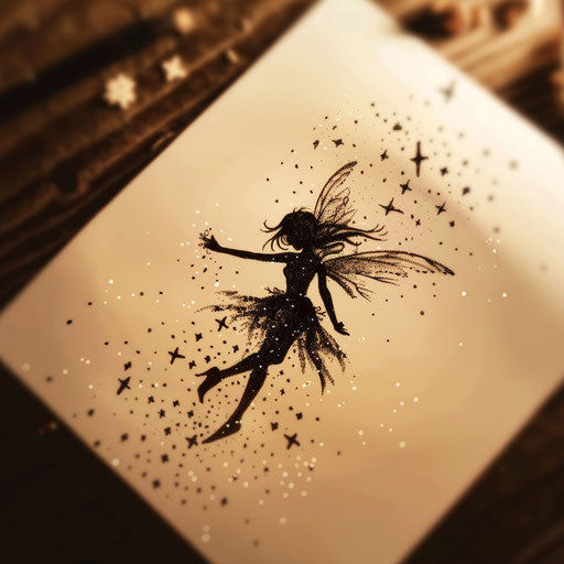Minimalist sparkle tattoo sketch with delicate fairy silhouette surrounded by tiny sparkling stars