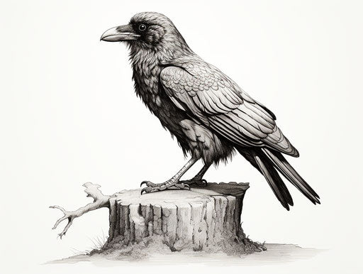 Black and white drawing of a raven, detailed miniature style