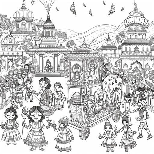 Diwali parade with traditional costumes and floats. Coloring page