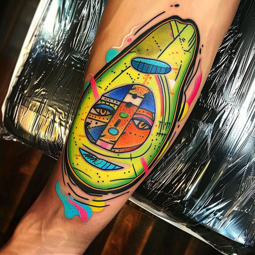 Bold flat tattoo sketch of an avocado with a neon tribal mask face
