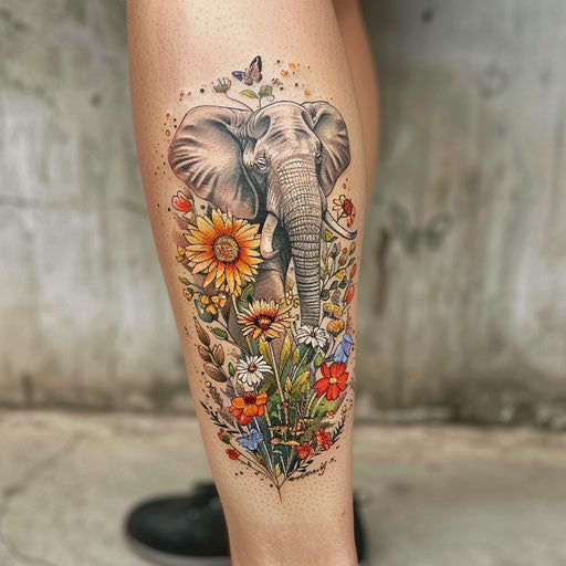 Wildflower tattoo with elephant, vibrant colors, intricate details, majestic